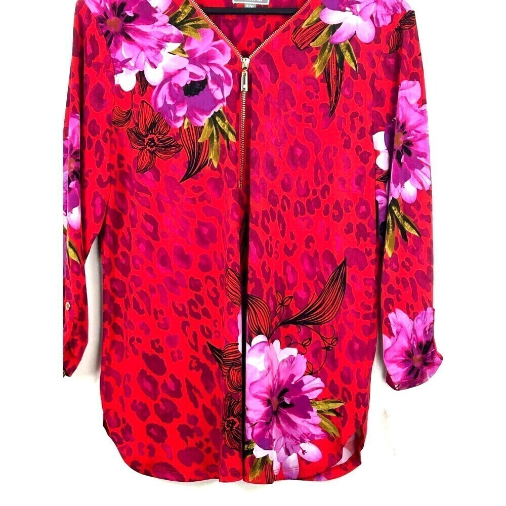 New JM Collection Women Sz PXL Red Pink Zip Neck Blouse Roll Tab Sleeve Tunic U4 - Picture 6 of 11